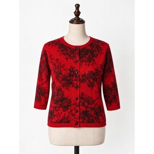 Vintage 90s itsu Red Black Floral Lace Knit Cardigan Sweater 3/4 Sleeve L